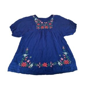 Unbranded Women NA Navy Blue‎ Floral Embroidered Boho Peasant Top Puff Sleeve